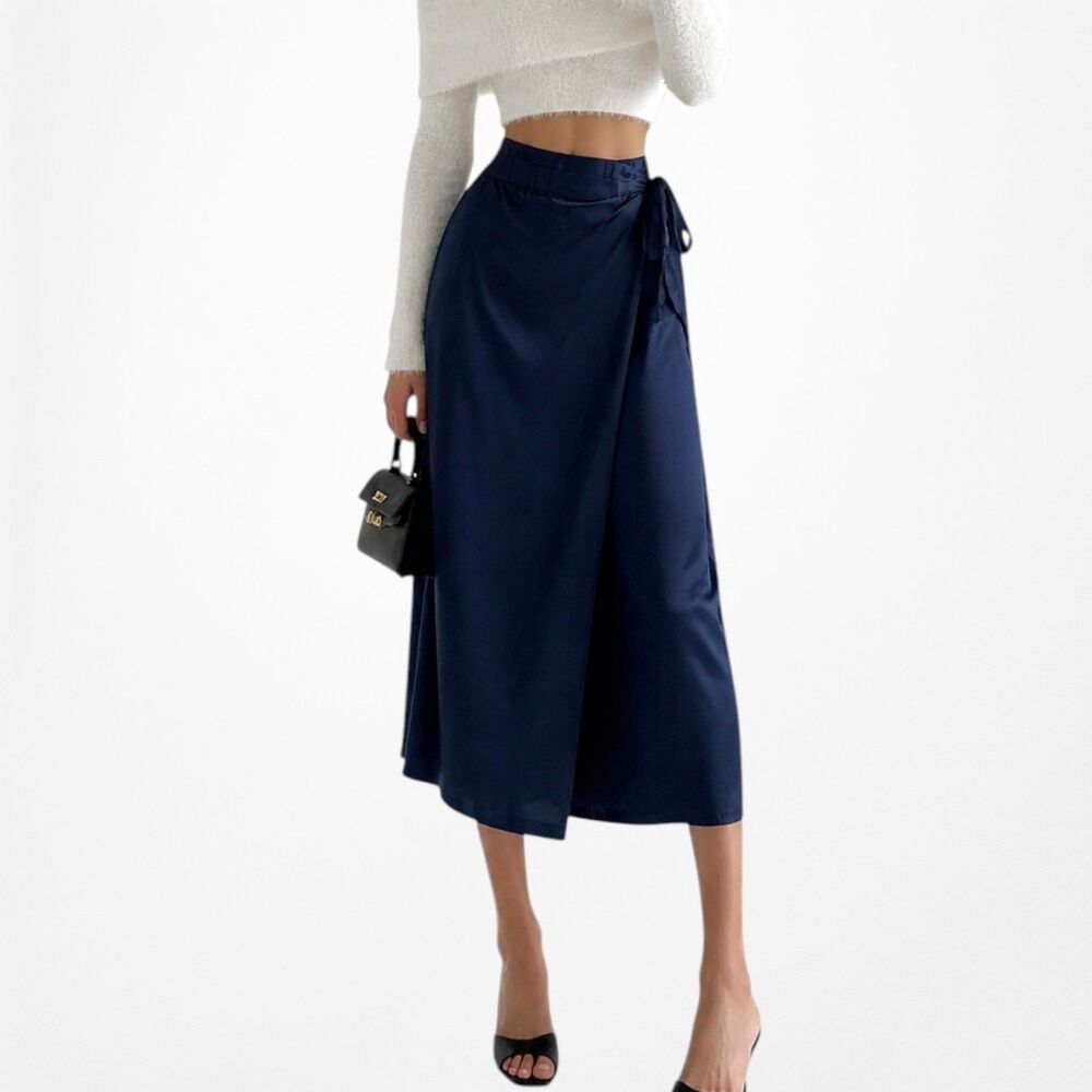 Mango Navy Blue Cropped High Waisted Wrapped Capri Wide Leg Pants Size XS